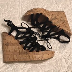 Black Strappy Lace Up Wedges NWOT